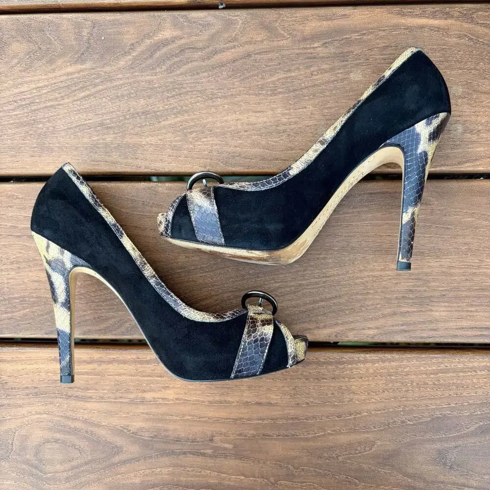 Boutique 9 Bubbles Black Suede & Snakeskin Print Leather Peep Toe Pumps Size 8